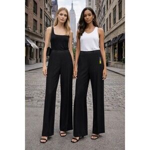 Karl Lagerfeld Paris L Womens Black Flare Knit Dress HR Pleat Leg Pants Stretch